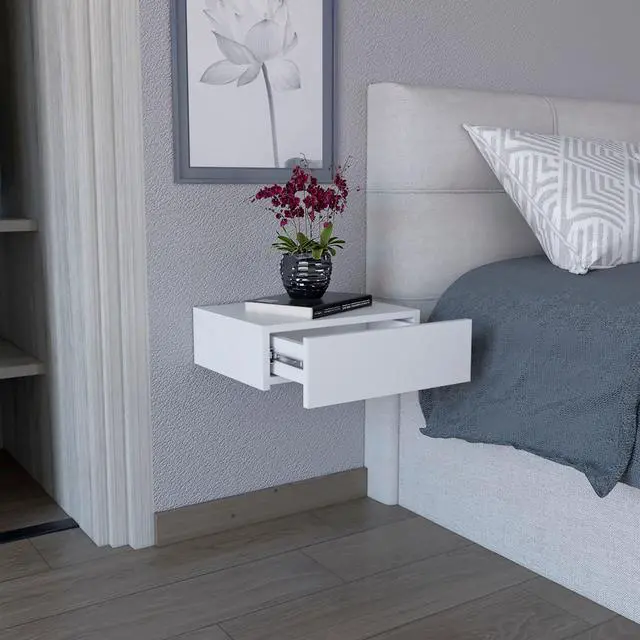 Alt view image 4 of 5 - Milano Floating Nightstand , End Table, Side Table Wall-Mounted With Drawer -White -Bedroom