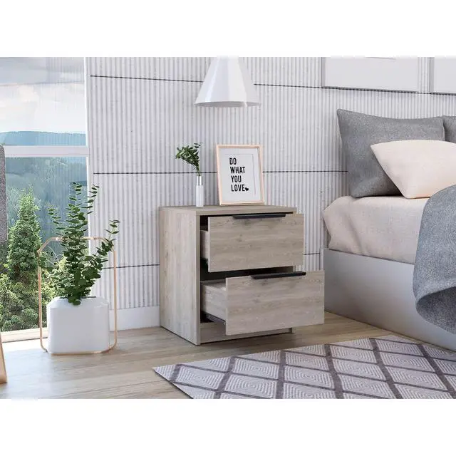 Alt view image 5 of 7 - Kaia Nightstand , End Table, Side Table Two Drawers, Metal Handle -Light Gray