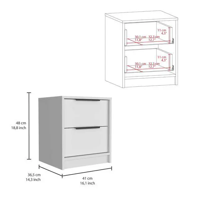 Alt view image 3 of 7 - Kaia Nightstand , End Table, Side Table Two Drawers, Metal Handle -White
