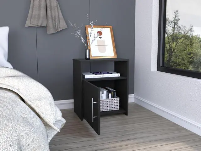 Alt view image 2 of 5 - Nordico Nightstand , End Table, Side Table One Shelf, Single Door Cabinet, Metal Handle -Black