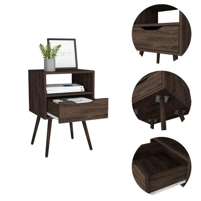Alt view image 3 of 7 - Otom Nightstand , Superior Top, One Open Shelf, One Drawer, Four Legs -Dark Walnut