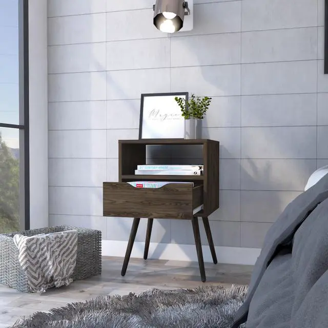 Alt view image 5 of 7 - Otom Nightstand , Superior Top, One Open Shelf, One Drawer, Four Legs -Dark Walnut