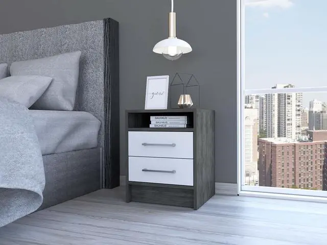 Main image of Eter Nightstand , End Table, Side Table Superior Top, Two Drawers -Smokey Oak / White