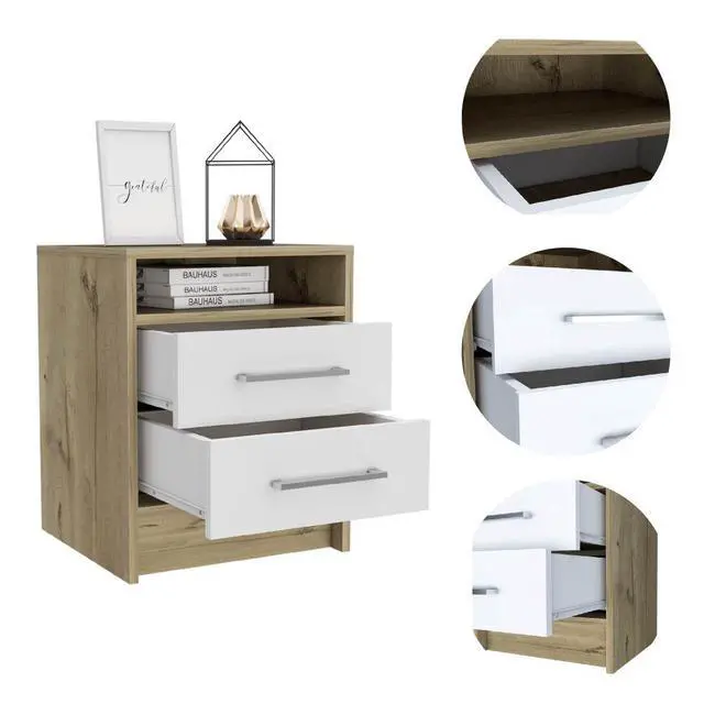 Alt view image 3 of 7 - Eter Nightstand , End Table, Side Table Superior Top, Two Drawers -White / Light Oak