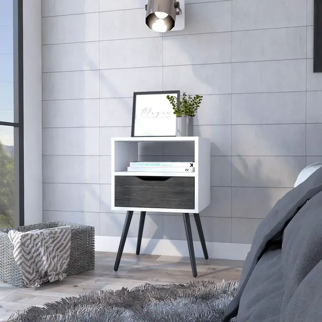 Main image of Otom Nightstand , Superior Top, One Open Shelf, One Drawer, Four Legs -Smokey Oak / White