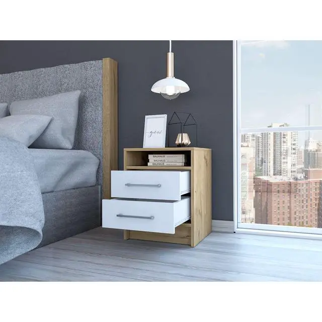 Alt view image 5 of 7 - Eter Nightstand , End Table, Side Table Superior Top, Two Drawers -White / Light Oak