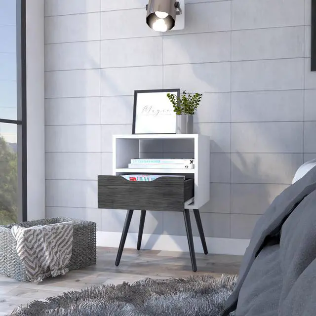 Alt view image 5 of 7 - Otom Nightstand , Superior Top, One Open Shelf, One Drawer, Four Legs -Smokey Oak / White