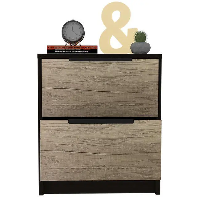 Alt view image 2 of 5 - Kaia Nightstand , End Table, Side Table Two Drawers, Metal Handle -Black / Pine