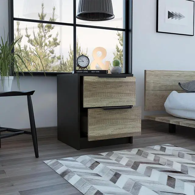 Alt view image 4 of 5 - Kaia Nightstand , End Table, Side Table Two Drawers, Metal Handle -Black / Pine