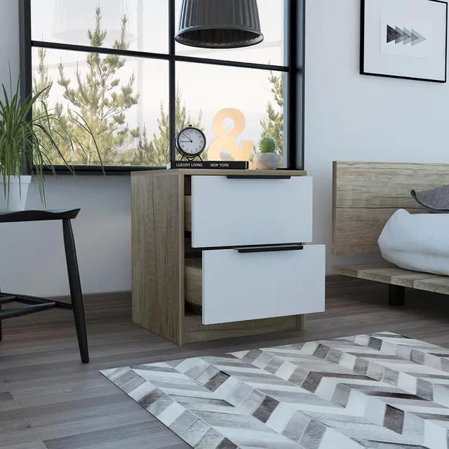 Alt view image 6 of 7 - Kaia Nightstand , End Table, Side Table Two Drawers, Metal Handle -White / Pine