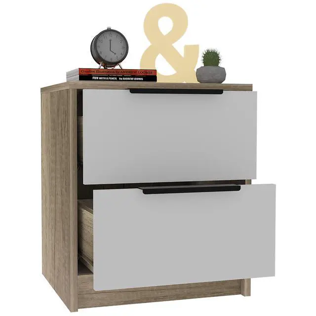 Alt view image 5 of 7 - Kaia Nightstand , End Table, Side Table Two Drawers, Metal Handle -White / Pine