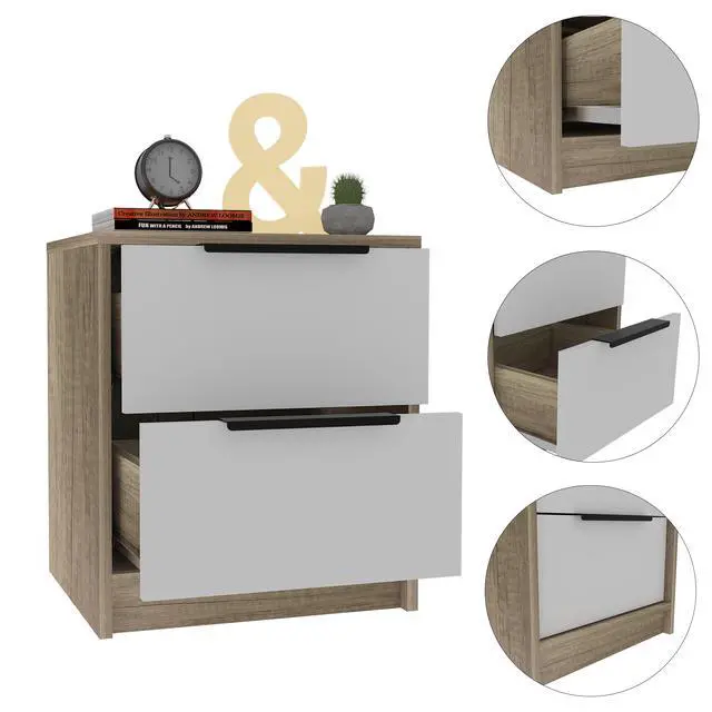 Alt view image 3 of 7 - Kaia Nightstand , End Table, Side Table Two Drawers, Metal Handle -White / Pine
