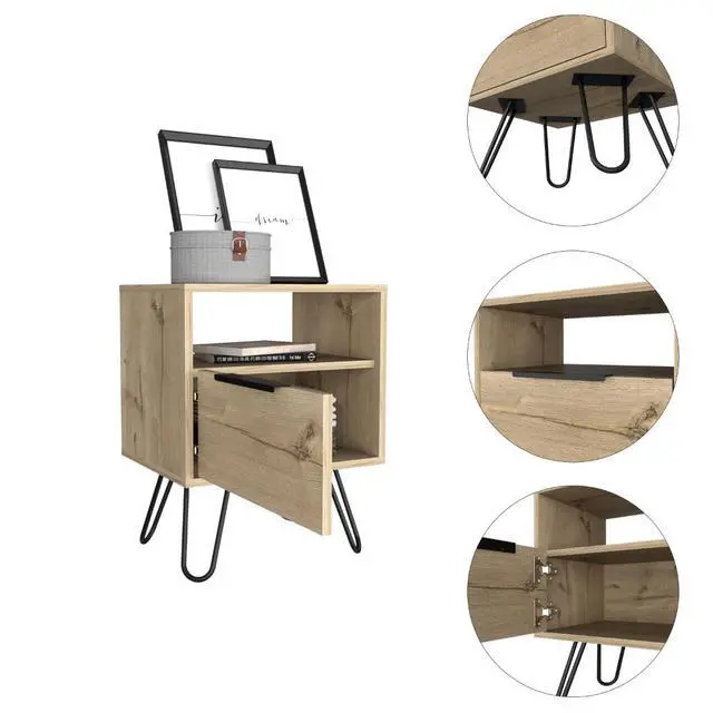 Alt view image 3 of 5 - Augusta Nightstand , End Table, Side Table Single Door Cabinet, Hairpin Legs -Light Oak
