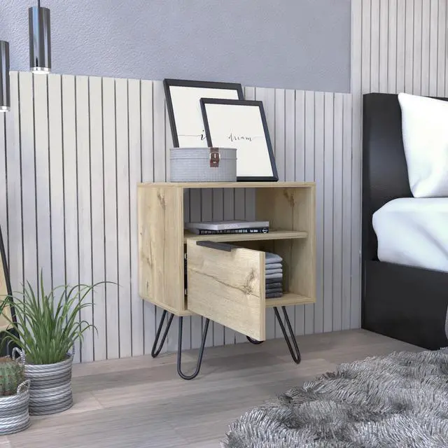 Alt view image 2 of 5 - Augusta Nightstand , End Table, Side Table Single Door Cabinet, Hairpin Legs -Light Oak