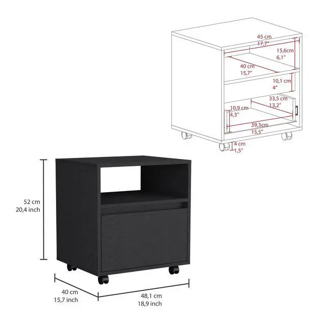 Alt view image 3 of 7 - Austin Nightstand , End Table, Side Table Casters, Single Drawer-Black