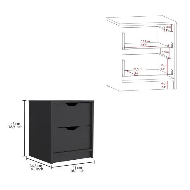 Alt view image 3 of 7 - Basilea 2 Drawers Nightstand , End Table, Side Table Pull Out System -Black