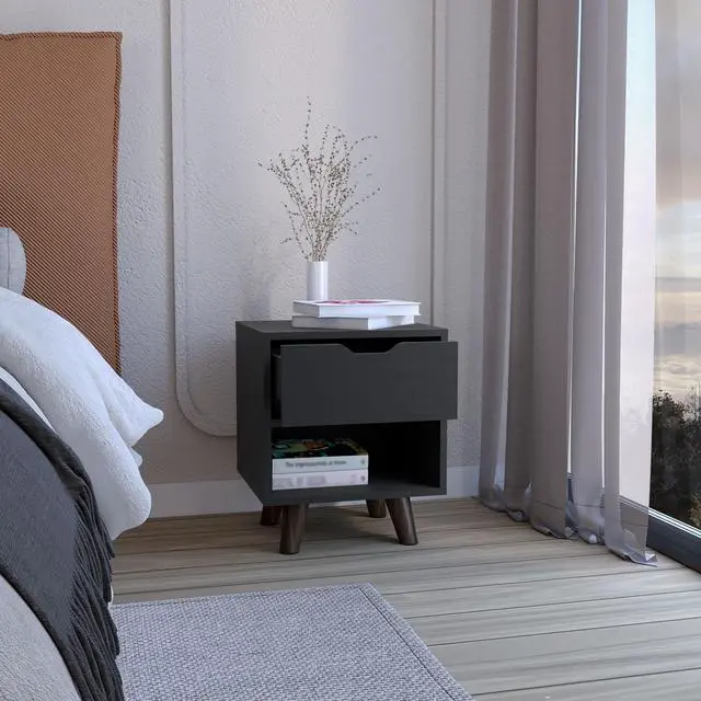Alt view image 4 of 7 - Crail Nightstand With 1 Open Storage Shelf, 1 Drawer And Wooden Legs
