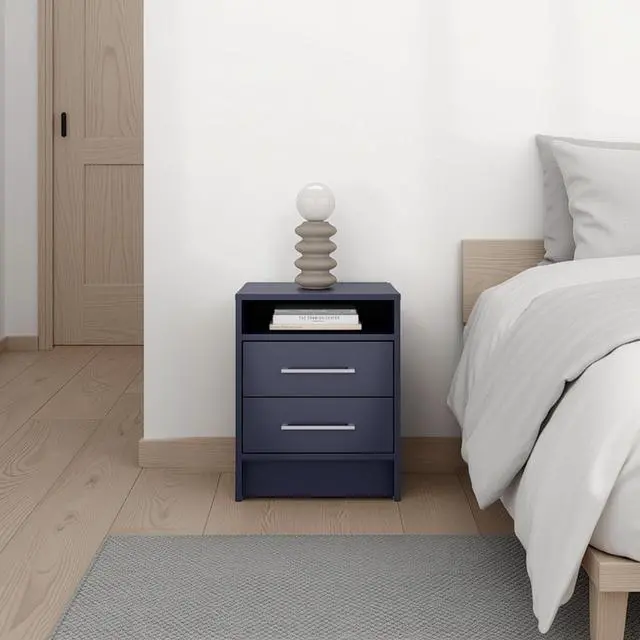 Alt view image 2 of 7 - Eter Nightstand Minimalist Modern Style, Superior Top Shelf, One Open Storage Shelf And Two Drawers, Light Oak, Blue