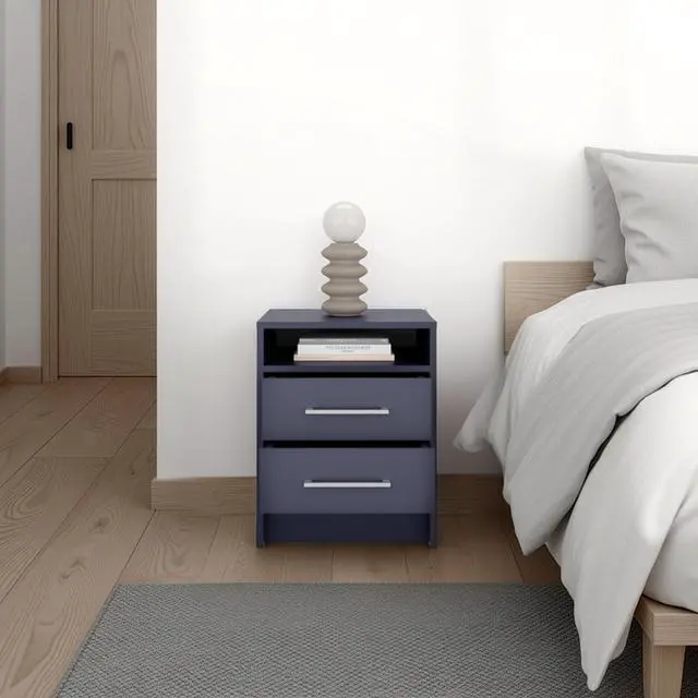 Alt view image 5 of 7 - Eter Nightstand Minimalist Modern Style, Superior Top Shelf, One Open Storage Shelf And Two Drawers, Light Oak, Blue