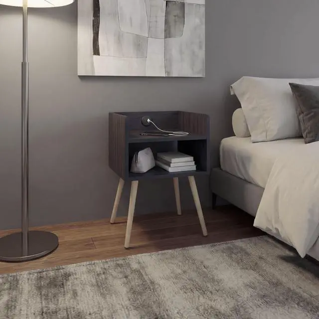 Alt view image 2 of 7 - Didi Modern Nightstand With Integrated Usb Charging Station, 2-Tier Open Storage Shelves And 4 Legs