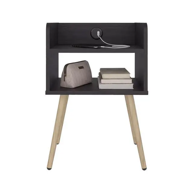 Alt view image 5 of 7 - Didi Modern Nightstand With Integrated Usb Charging Station, 2-Tier Open Storage Shelves And 4 Legs