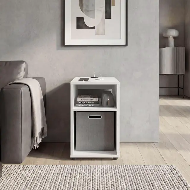 Main image of Mercer Lite Side Table And Nightstand With Integrated Usb Charging Station And 2 Open Storage Shelves, Compact Side Table
