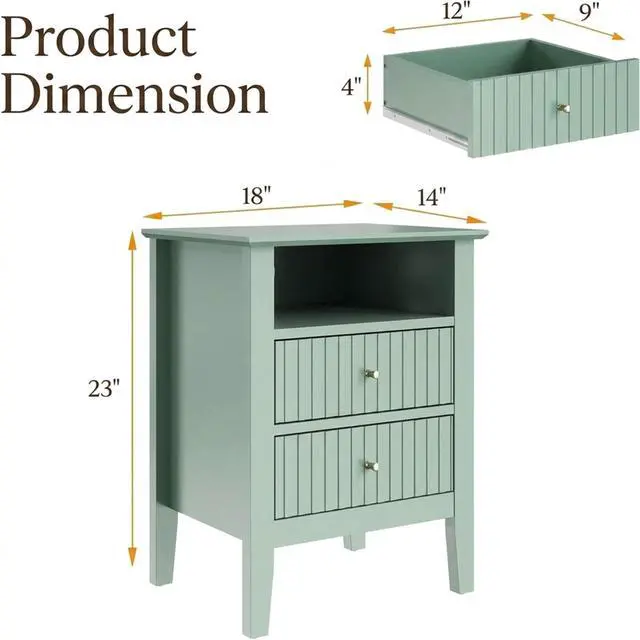Alt view image 3 of 7 - 18" Fluted 2-Drawer Nightstand Set Of 2, Modern Green End Table With Storage