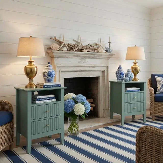 Alt view image 6 of 7 - 18" Fluted 2-Drawer Nightstand Set Of 2, Modern Green End Table With Storage