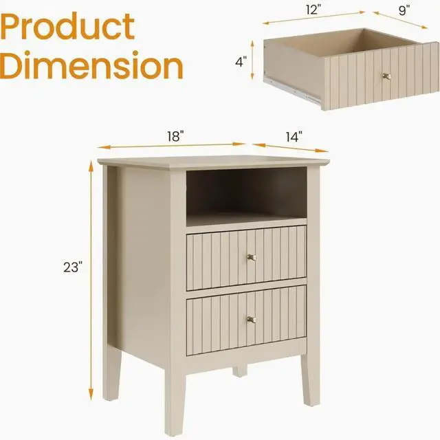Alt view image 3 of 7 - 18" Fluted 2-Drawer Nightstand Set Of 2, Modern Beige End Table With Storage