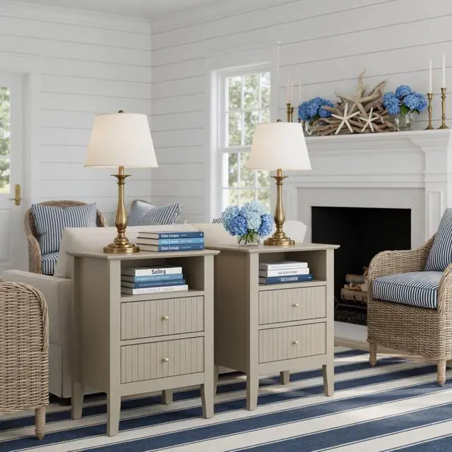 Alt view image 2 of 7 - 18" Fluted 2-Drawer Nightstand Set Of 2, Modern Beige End Table With Storage