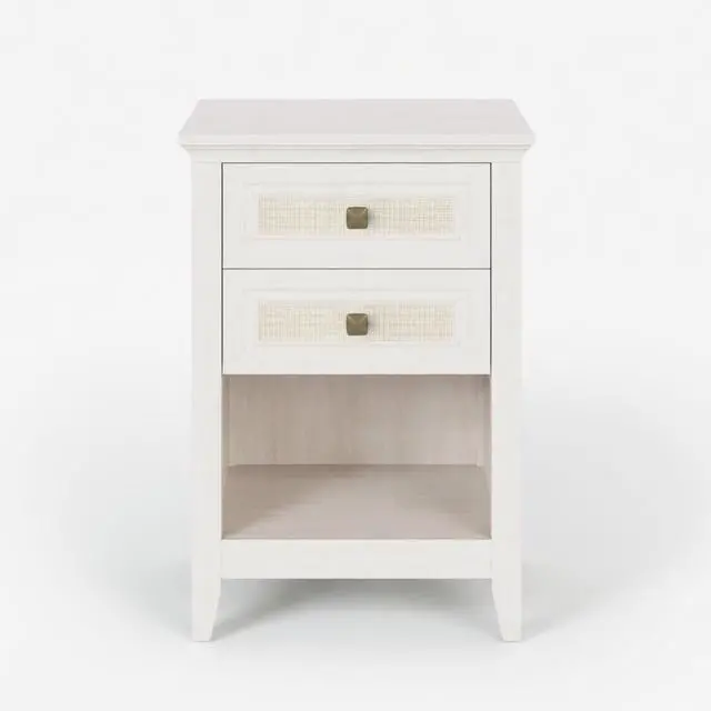 Main image of 17.7" White Rattan Nightstand - Boho Bedside Table W/ 2 Drawers & Shelf