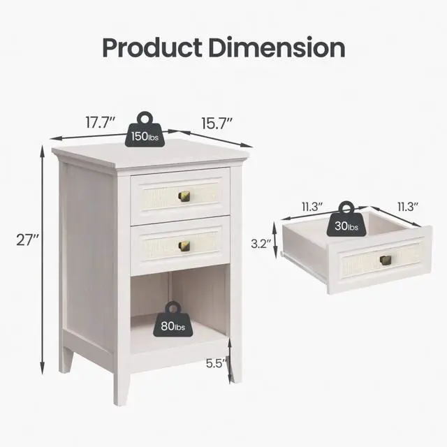 Alt view image 3 of 7 - 17.7" White Rattan Nightstand - Boho Bedside Table W/ 2 Drawers & Shelf