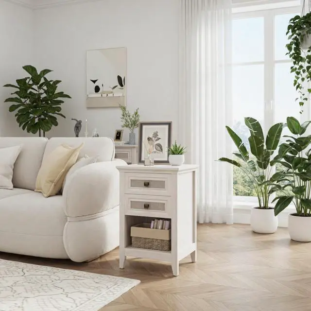 Alt view image 2 of 7 - 17.7" White Rattan Nightstand - Boho Bedside Table W/ 2 Drawers & Shelf