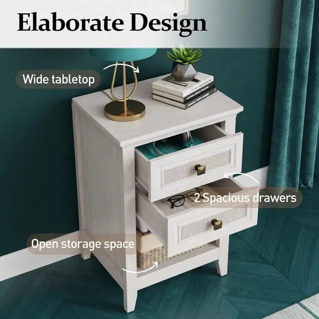 Alt view image 4 of 7 - 17.7" White Rattan Nightstand - Boho Bedside Table W/ 2 Drawers & Shelf