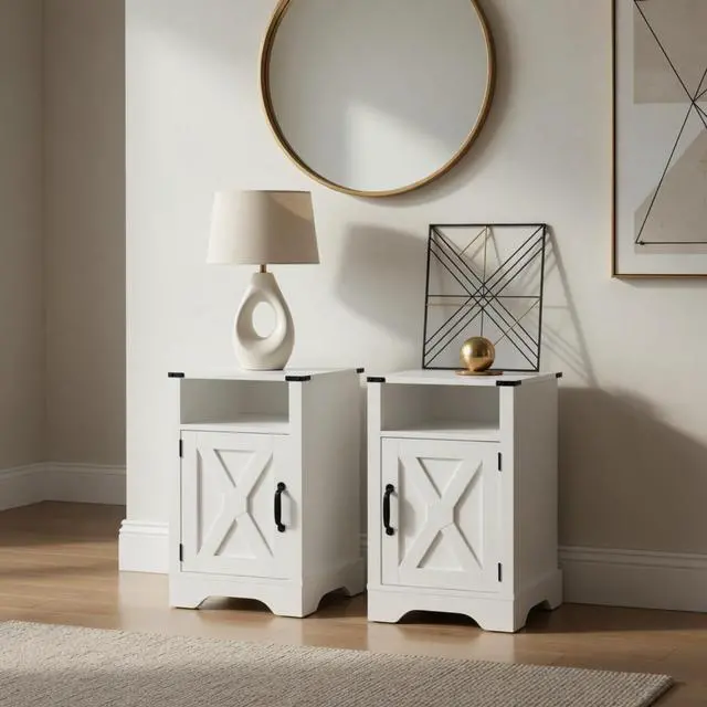 Alt view image 2 of 7 - Set Of 2, 16" White Farmhouse Nightstand W/ Charging Station & Storage