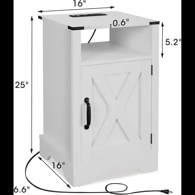 Alt view image 3 of 7 - Set Of 2, 16" White Farmhouse Nightstand W/ Charging Station & Storage