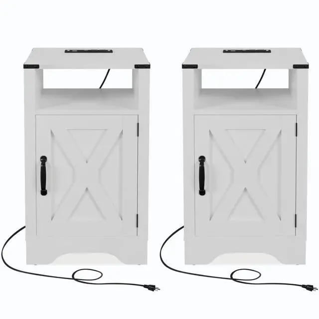 Main image of Set Of 2, 16" White Farmhouse Nightstand W/ Charging Station & Storage