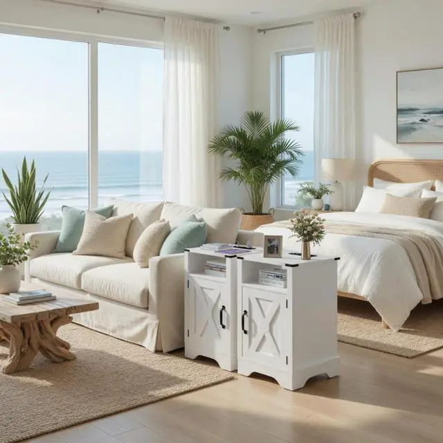 Alt view image 5 of 7 - Set Of 2, 16" White Farmhouse Nightstand W/ Charging Station & Storage