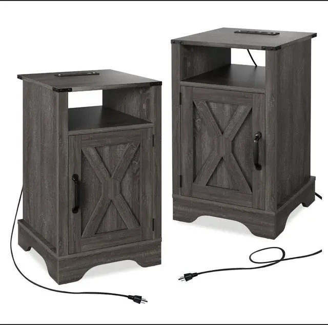 Main image of Set Of 2, 16" Dark Grey Farmhouse Nightstand W/ Charging Station & Storage