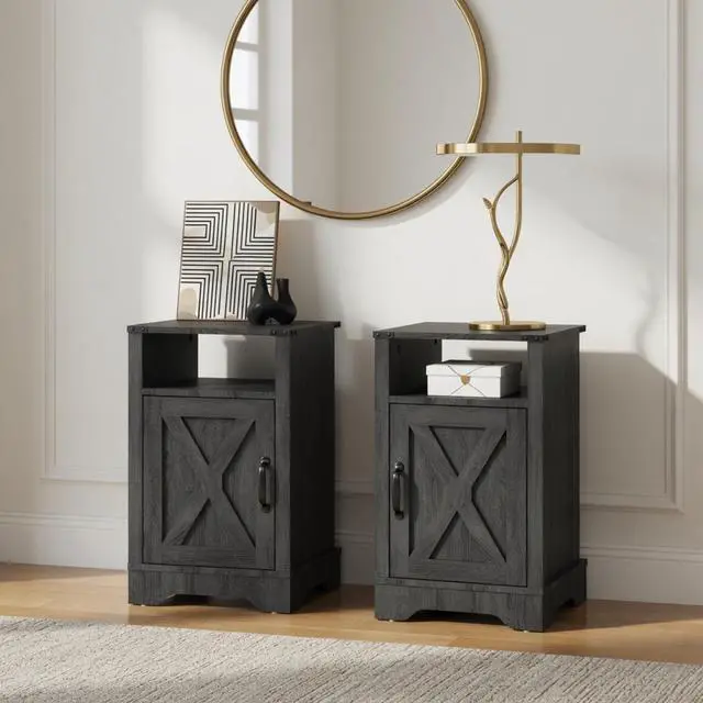 Alt view image 2 of 7 - Set Of 2, 16" Dark Grey Farmhouse Nightstand W/ Charging Station & Storage