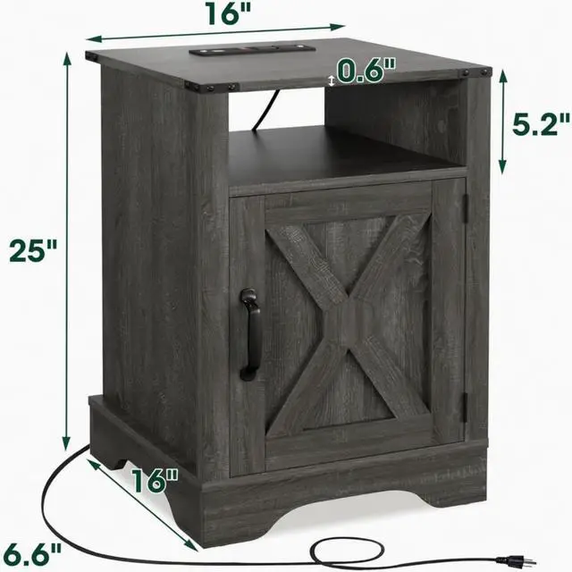 Alt view image 3 of 7 - Set Of 2, 16" Dark Grey Farmhouse Nightstand W/ Charging Station & Storage
