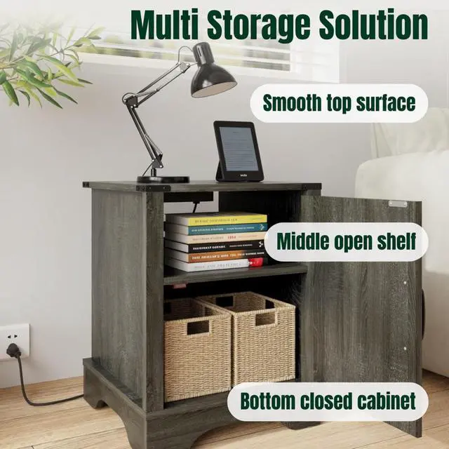 Alt view image 7 of 7 - Set Of 2, 16" Dark Grey Farmhouse Nightstand W/ Charging Station & Storage