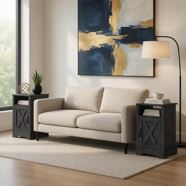 Alt view image 6 of 7 - Set Of 2, 16" Dark Grey Farmhouse Nightstand W/ Charging Station & Storage