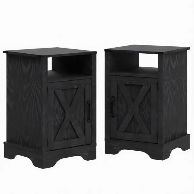 Main image of Set Of 2, 16" Black Farmhouse Nightstand W/ Charging Station & Storage