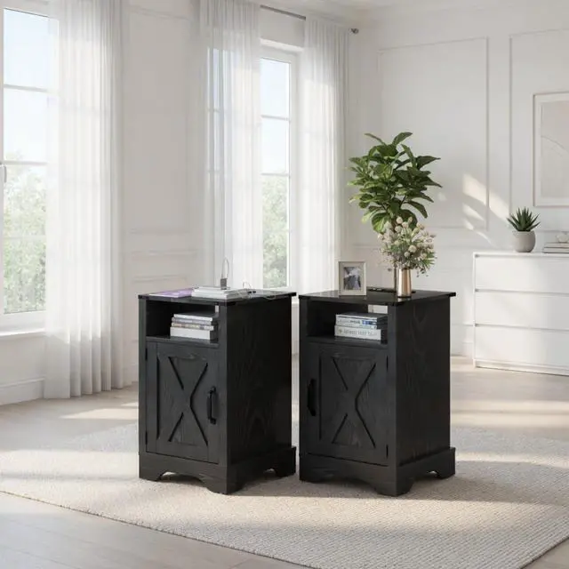 Alt view image 2 of 7 - Set Of 2, 16" Black Farmhouse Nightstand W/ Charging Station & Storage