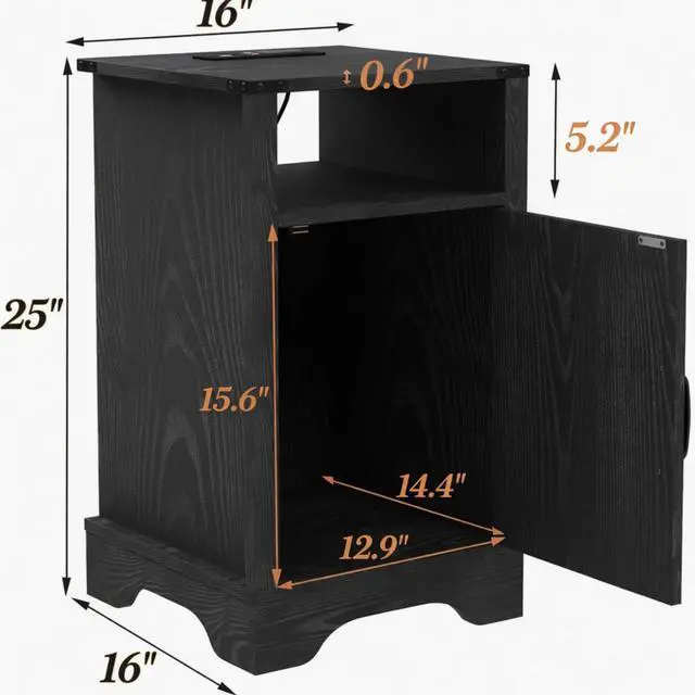 Alt view image 3 of 7 - Set Of 2, 16" Black Farmhouse Nightstand W/ Charging Station & Storage
