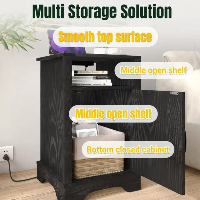 Alt view image 4 of 7 - Set Of 2, 16" Black Farmhouse Nightstand W/ Charging Station & Storage