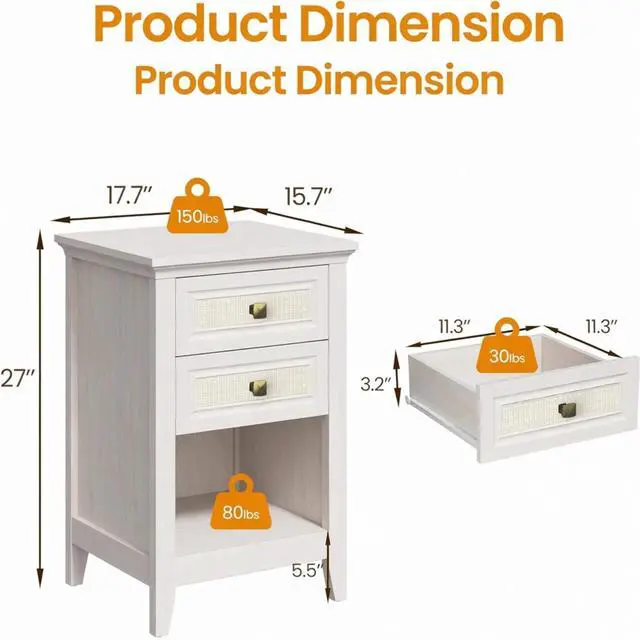 Alt view image 3 of 7 - Set Of 2 - 17.7" Wide White Rattan Nightstand W/ 2 Drawers - Boho 27" Tall Bedside Table For Small Spaces & Bedroom