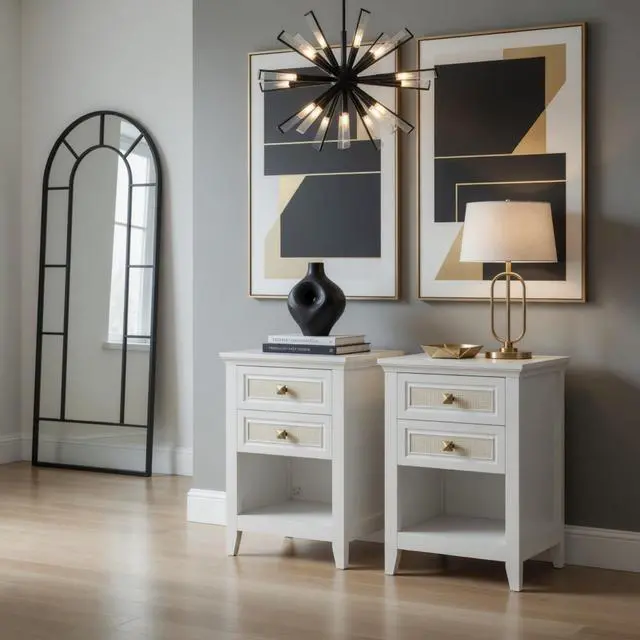 Alt view image 2 of 7 - Set Of 2 - 17.7" Wide White Rattan Nightstand W/ 2 Drawers - Boho 27" Tall Bedside Table For Small Spaces & Bedroom