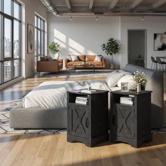 Alt view image 6 of 7 - Set Of 2, 16" Black Farmhouse Nightstand W/ Charging Station & Storage